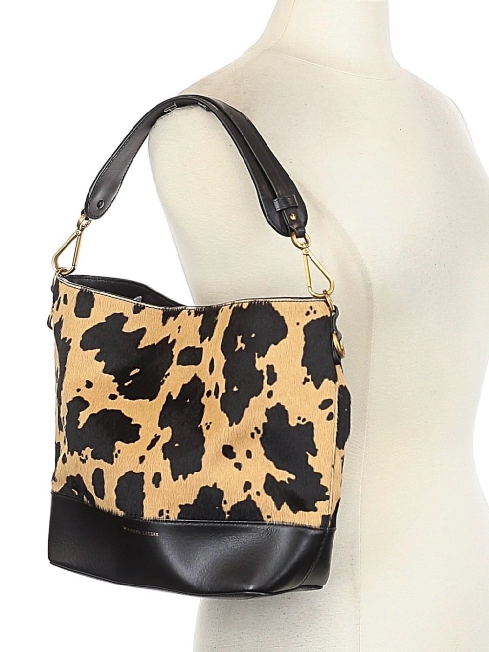 Ralph Lauren Small Hair Calf Bucket Bag Animal Print Purse Handbag Black Leather